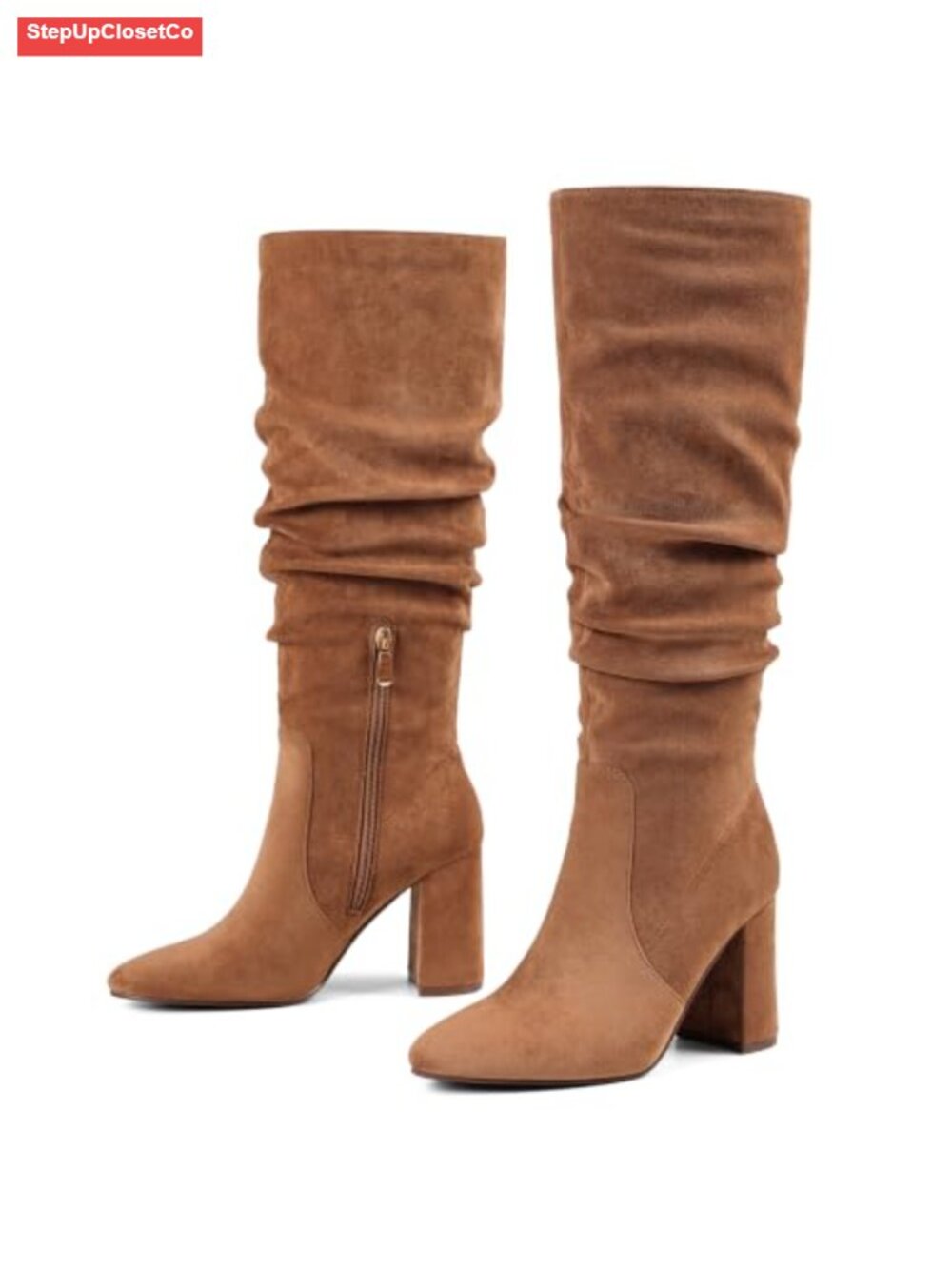 Women's Knee High Boots Pointed Toe Faux Suede Slouchy Block Heel